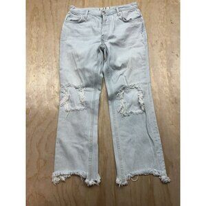 Women's We The Free Sz 27 Jeans Straight Mid Rise Light Wash Distressed Raw Hem